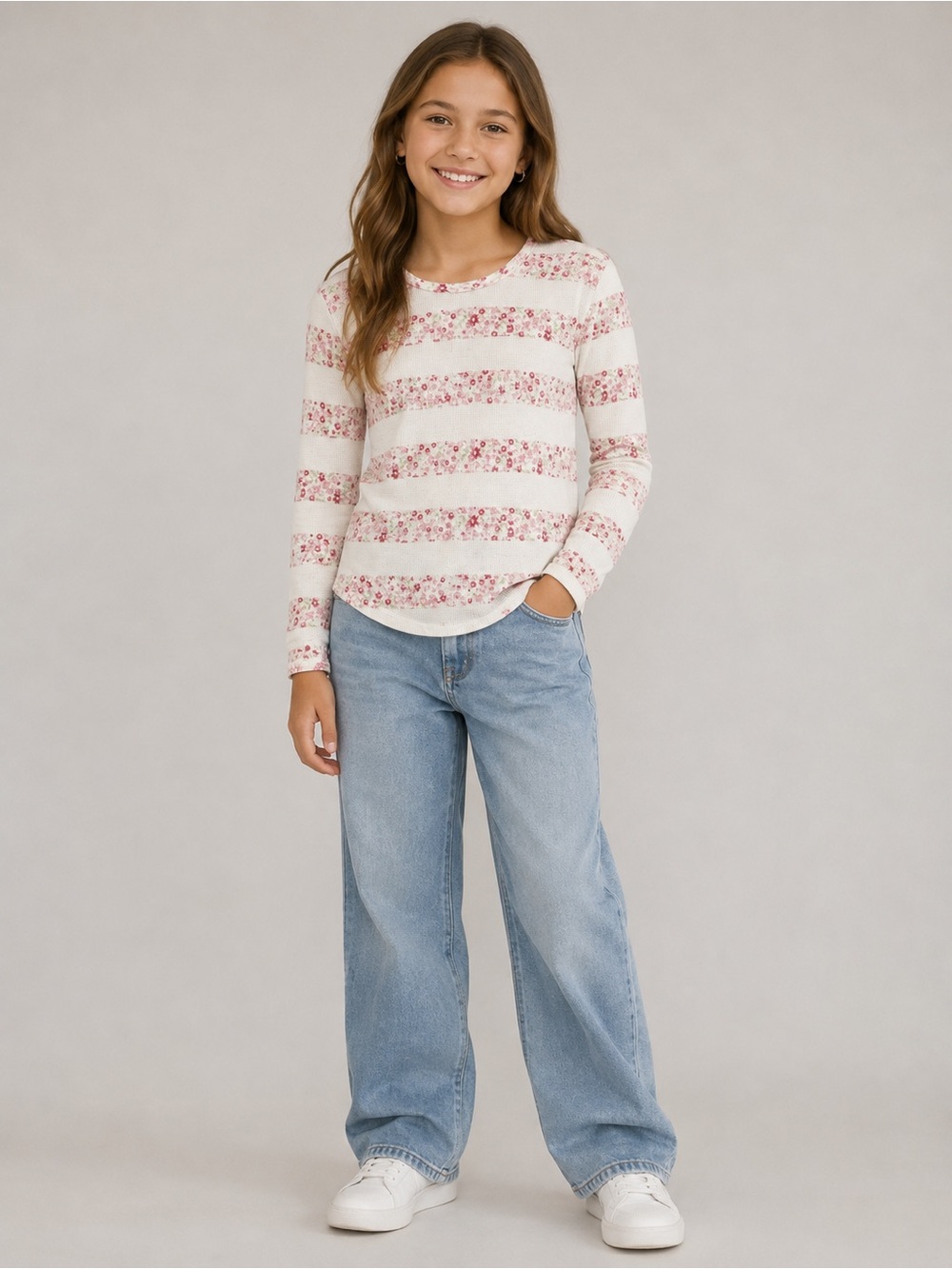MUDD Knit Long Sleeve Top Floral Striped Semi Sheer Kids 14 90s Retro light